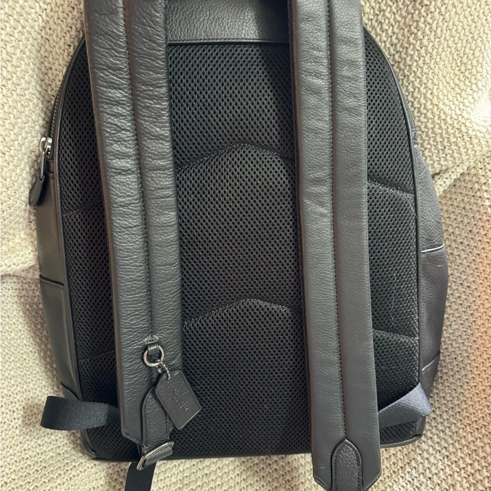 Coach Black Leather Backpack with Brown and Navy Stripes